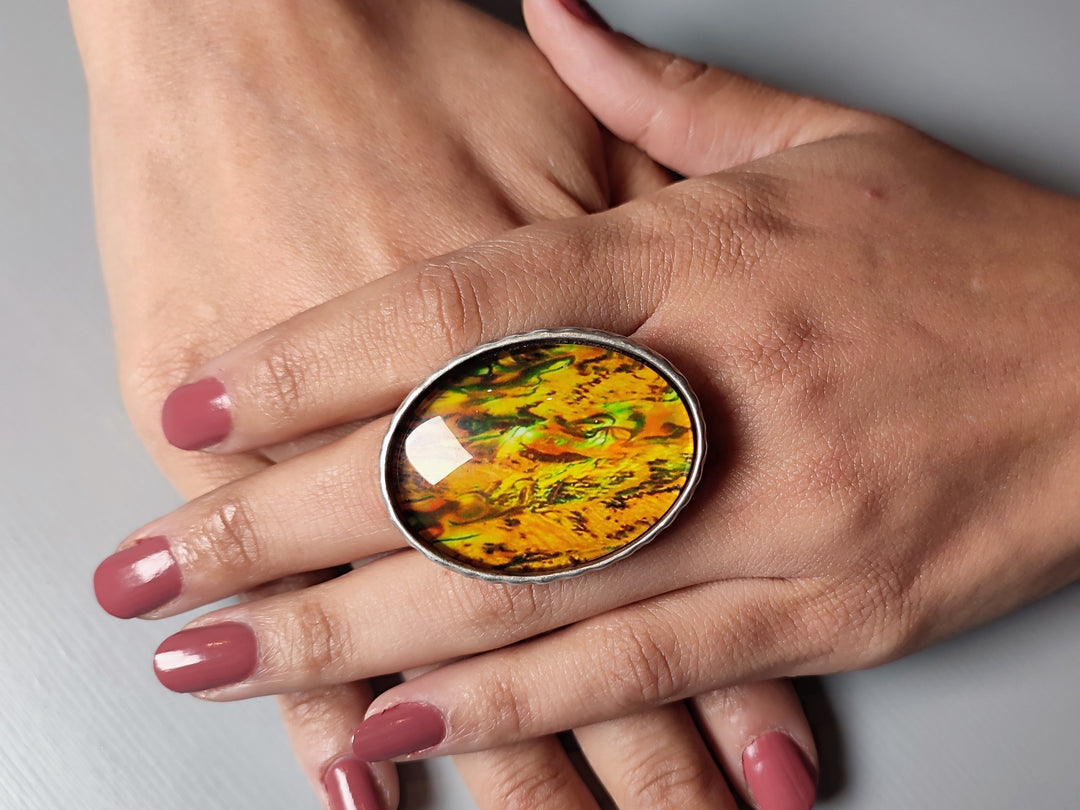 Abstract handmade large silver ring. Yellow glass ring. Adjustable silver statement ring with yellow stone