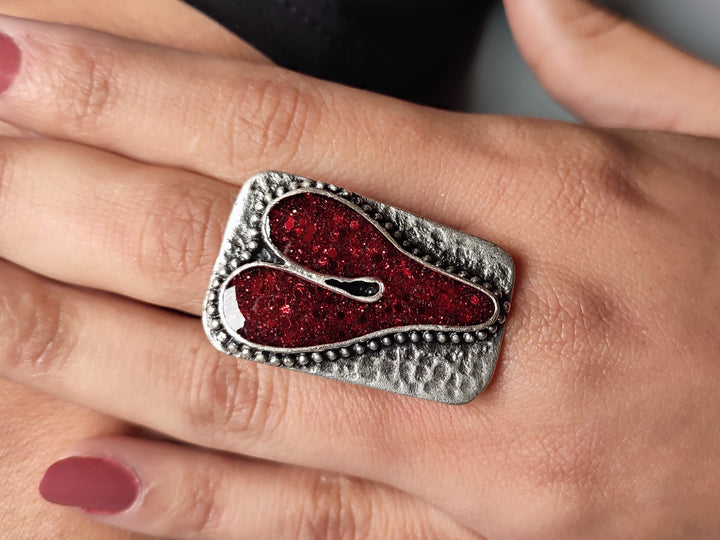 Red heart ring. Valentines gift ring. Sparkling red glitter ring with adjustable band. Handmade silver ring
