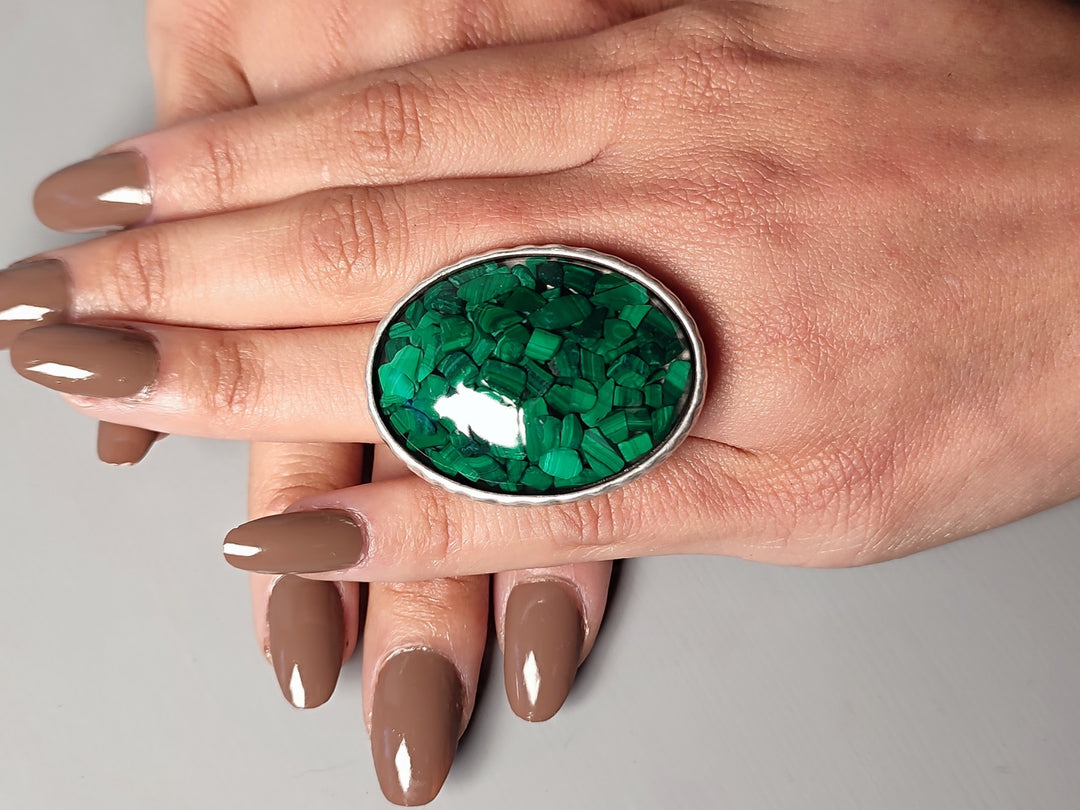 Malachite ring. Large green stone statement costume ring. Adjustable antique silver ring