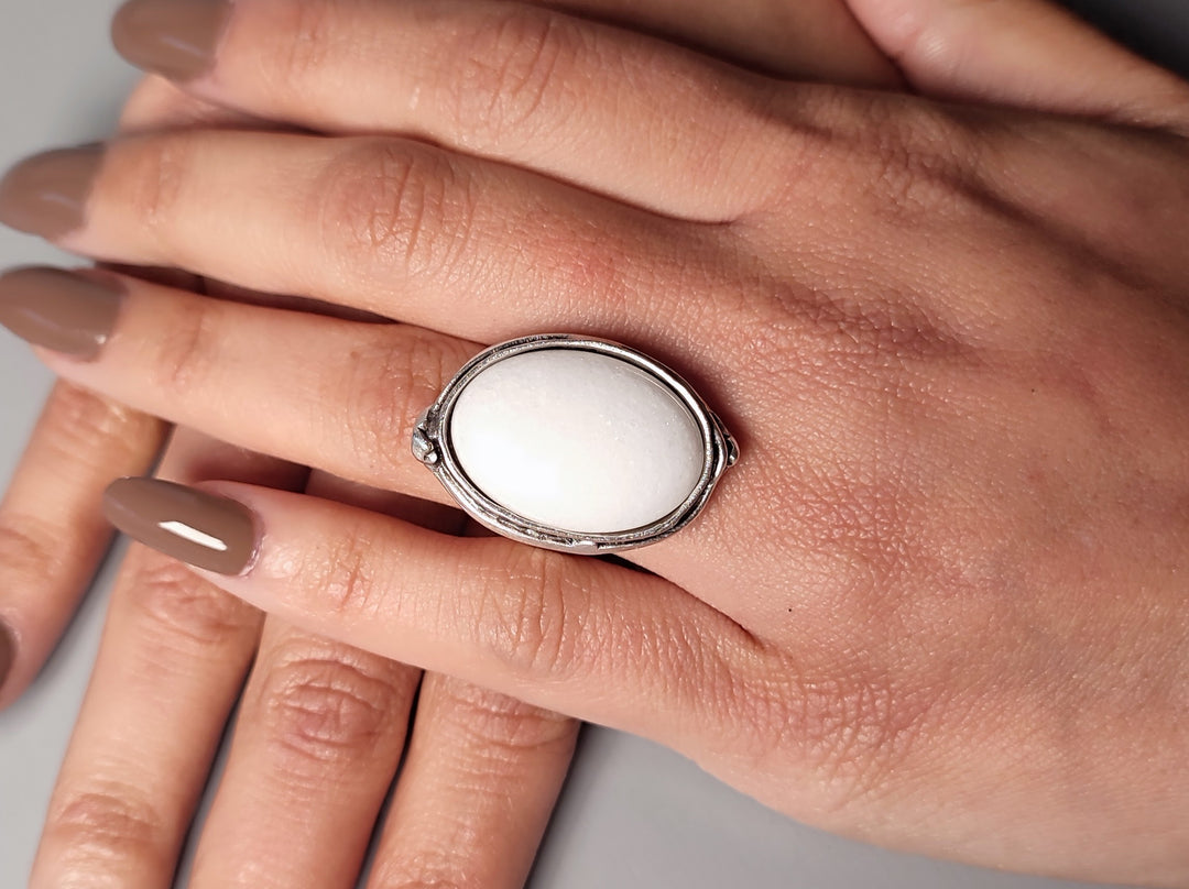 white jade minimalist cocktail statement ring. Adjustable antique silver handmade ring