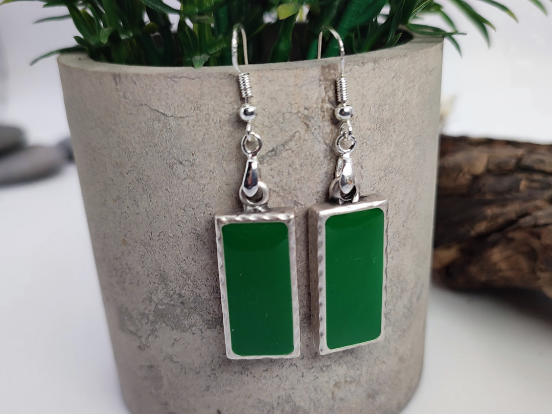 Green earrings. Emerald green dangle drop rectangular silver handmade earrings