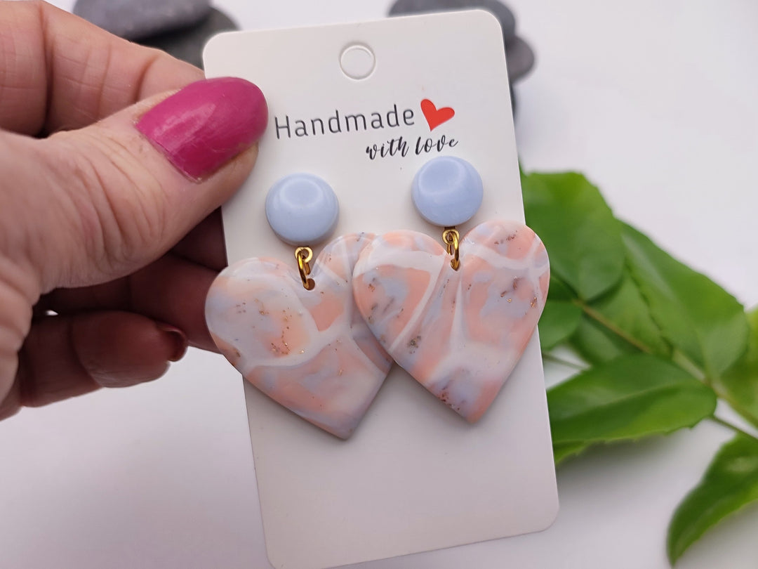 Pink Blue Marbled Heart Dangle Earrings UK, Faux Gem Stone Earrings, Pink Jewellery, Polymer Clay Statement Earrings, Handmade Gift for her