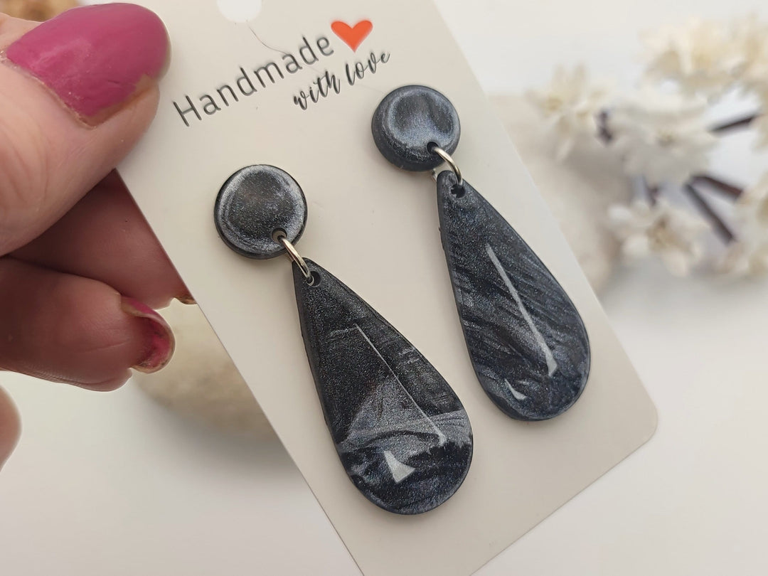 Black and Silver Teardrop Dangle Earrings UK, Black Jewellery, Polymer Clay Statement Earrings, Handmade Artisan Earrings