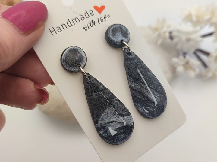 Black and Silver Teardrop Dangle Earrings UK, Black Jewellery, Polymer Clay Statement Earrings, Handmade Artisan Earrings