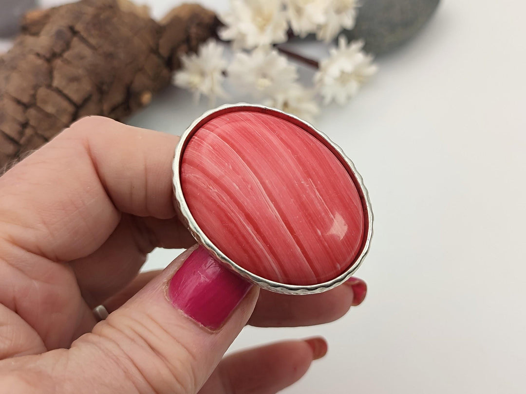 Pink stone ring, Large statement ring, Oval adjustable ring, Gift for her, for mum