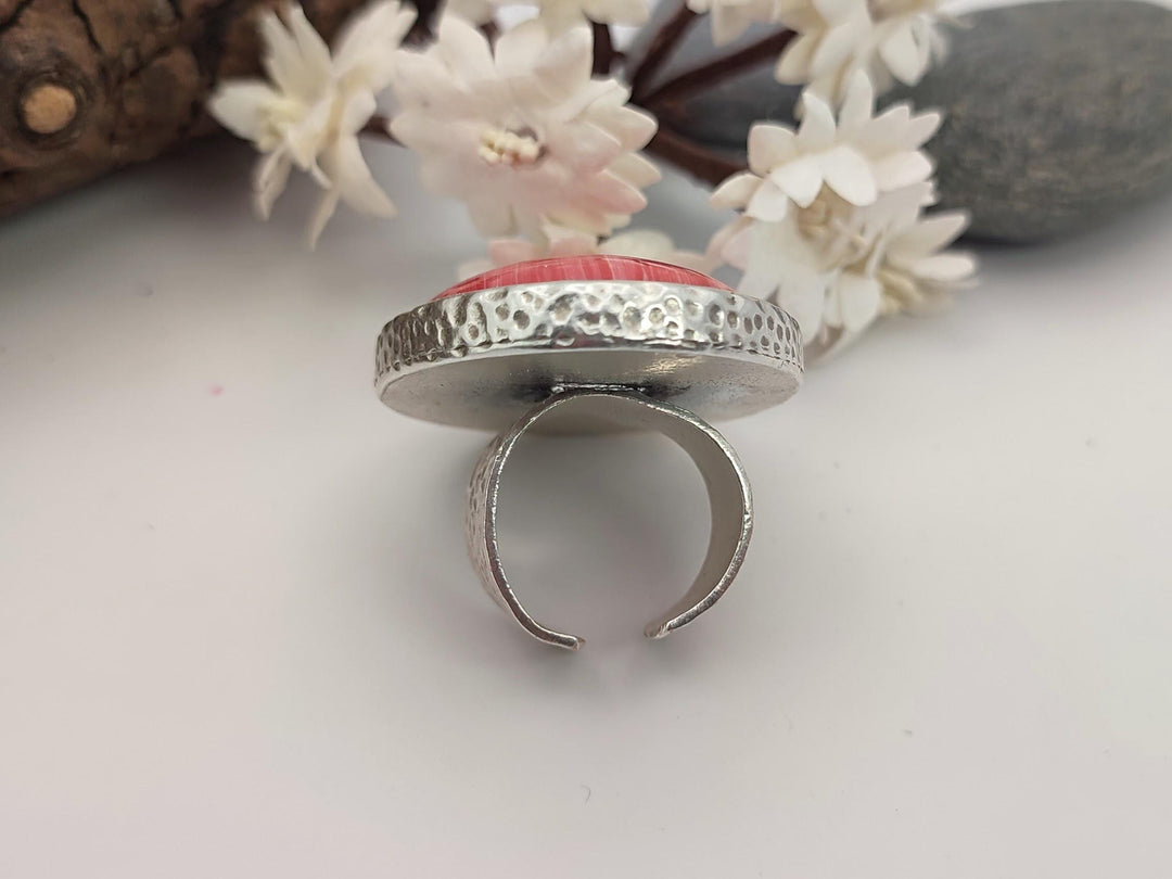 Pink stone ring, Large statement ring, Oval adjustable ring, Gift for her, for mum