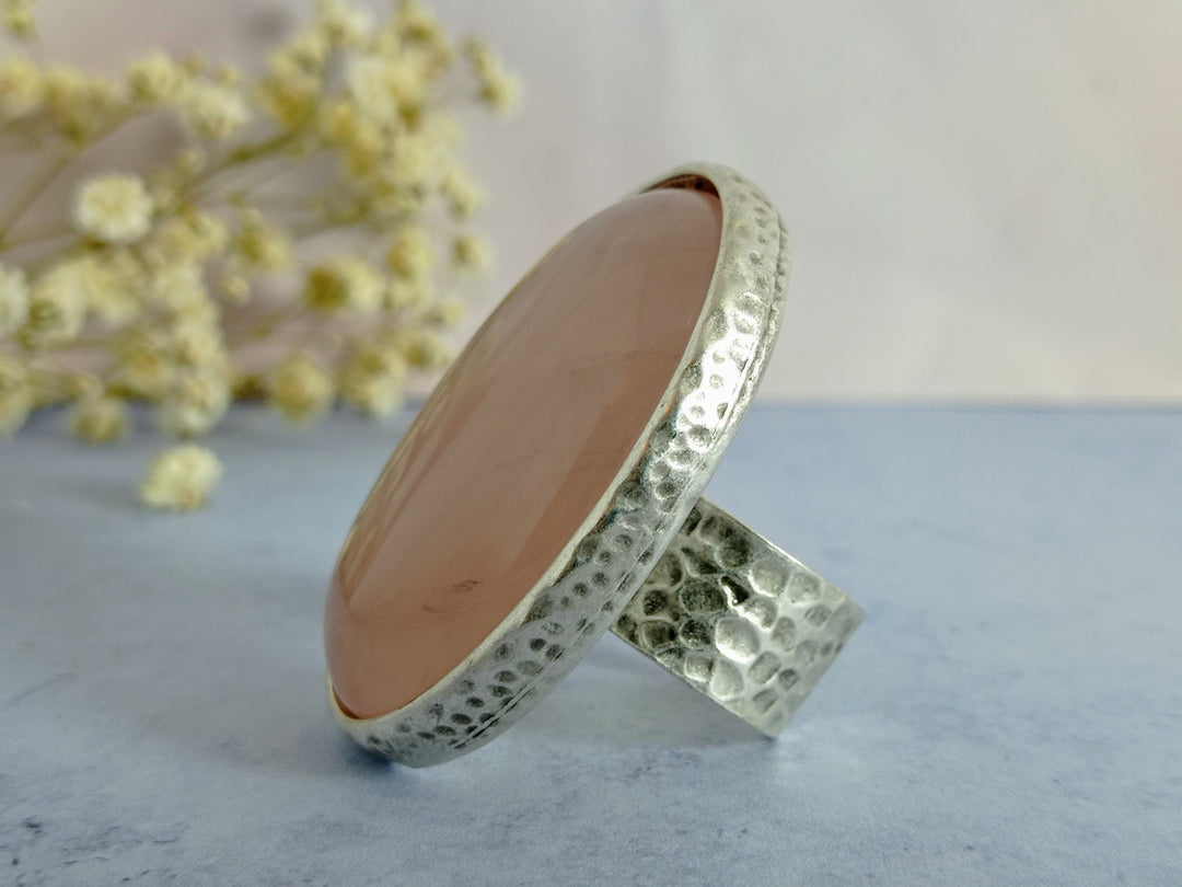 Rose Quartz ring, large Rose Quartz gemstone cocktail ring, Chunky large antique silver statement ring