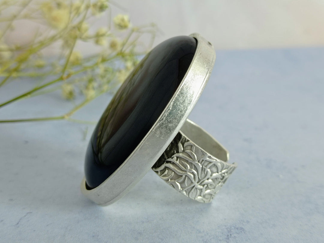Large black Onyx ring for women, big chunky silver ring, large gothic ring, silver cocktail statement ring