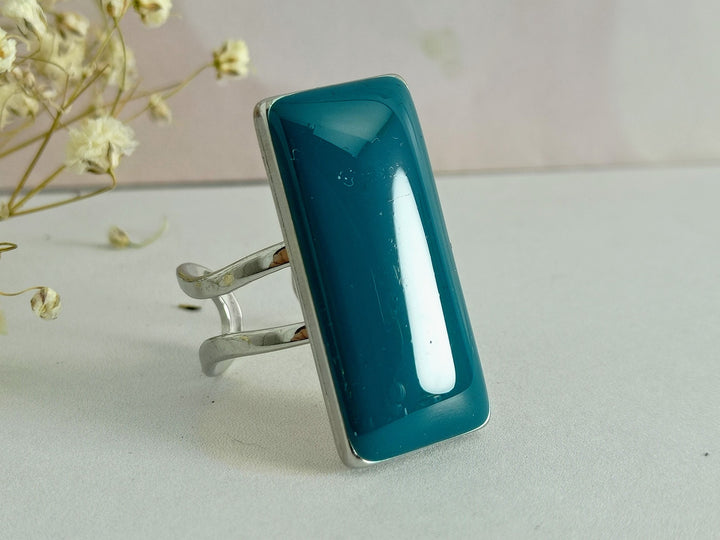 Teal blue rectangular adjustable dress ring