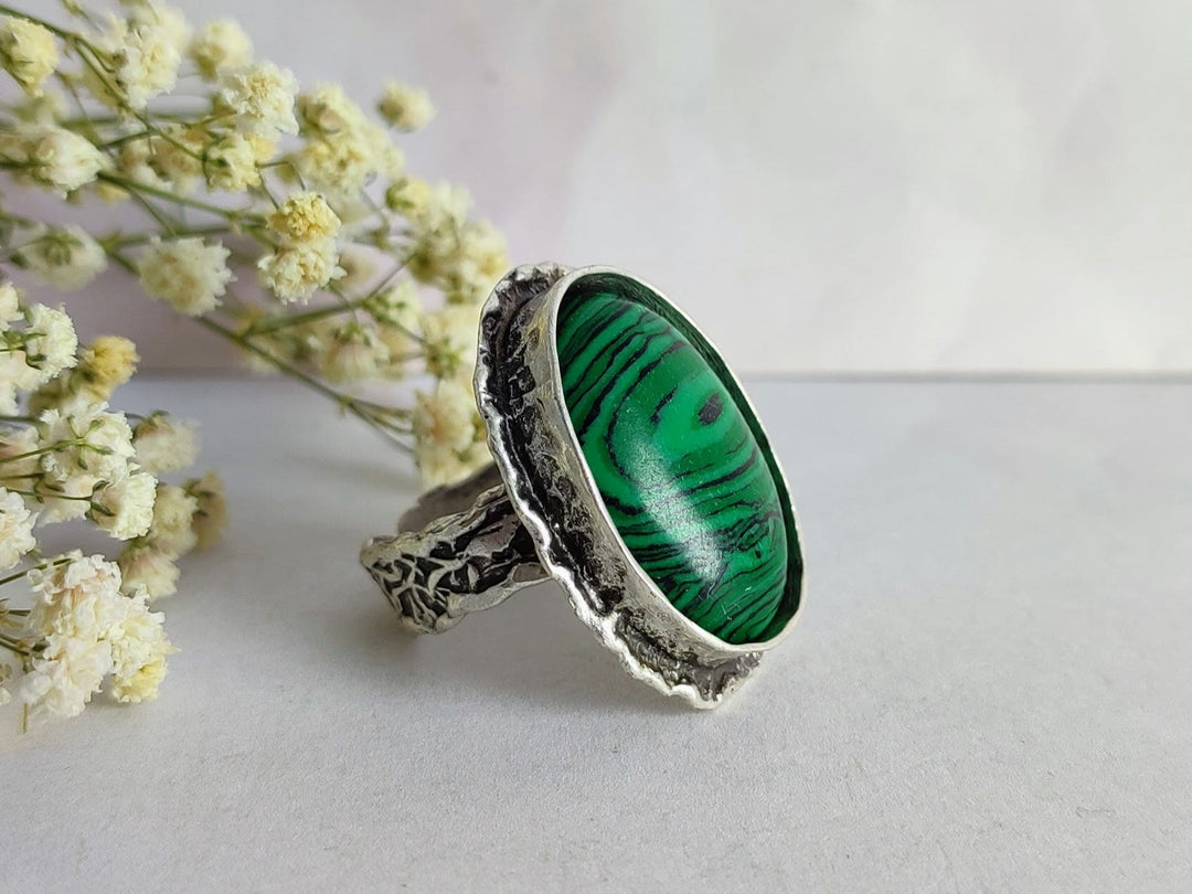 Malachite ring, Malachite green cocktail ring, antique silver statement ring