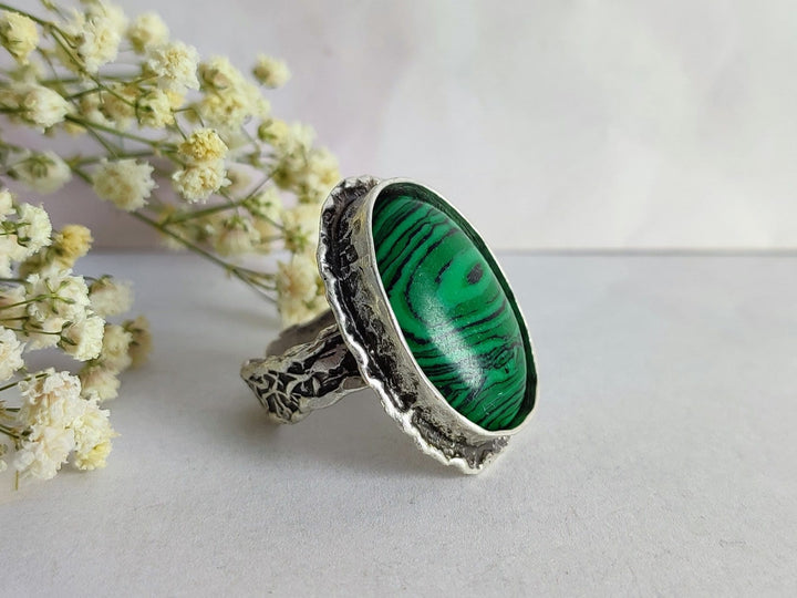 Malachite ring, Malachite green cocktail ring, antique silver statement ring