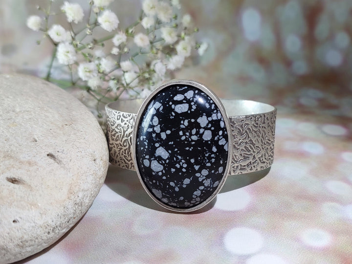 Snowflake Obsidian bangle bracelet, silver Obsidian cuff bracelet, black gemstone bracelet, silver cuff bangle