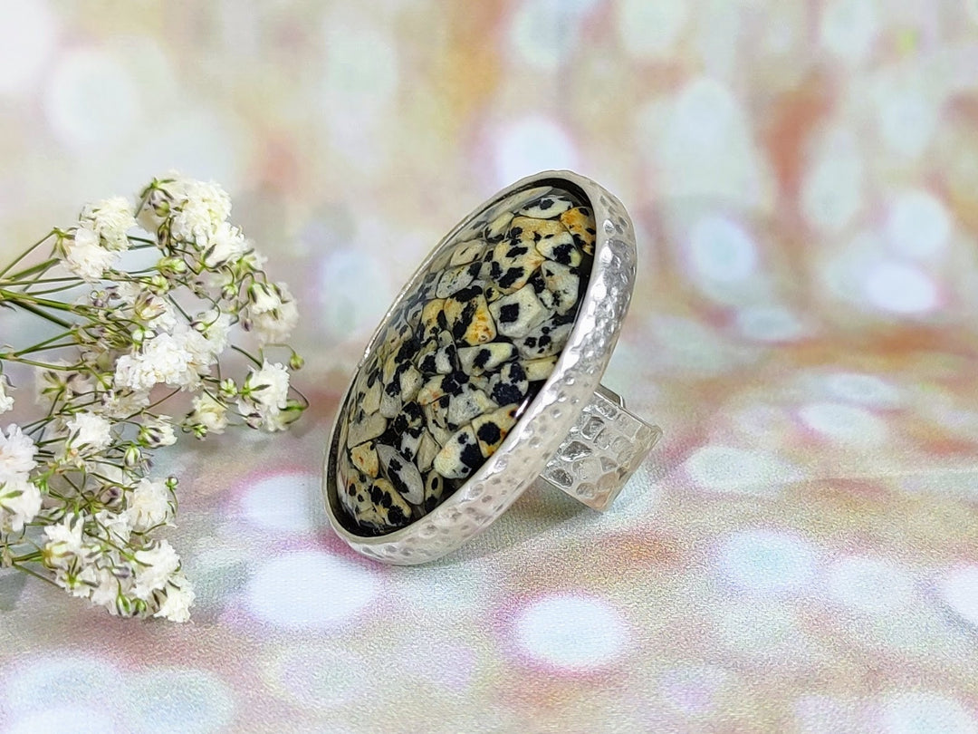 Dalmation Jasper ring, Leopard stone ring, large gemstone ring, jasper stone silver cocktail statement ring