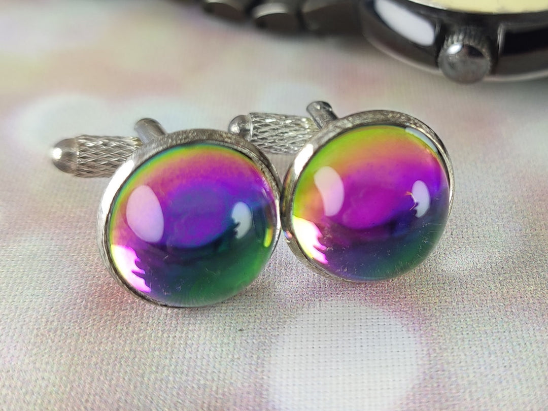 Multi coloured rainbow glass cuff links, groom cuff links, best man cuff links, unisex cuff links, colourful glass cuff links