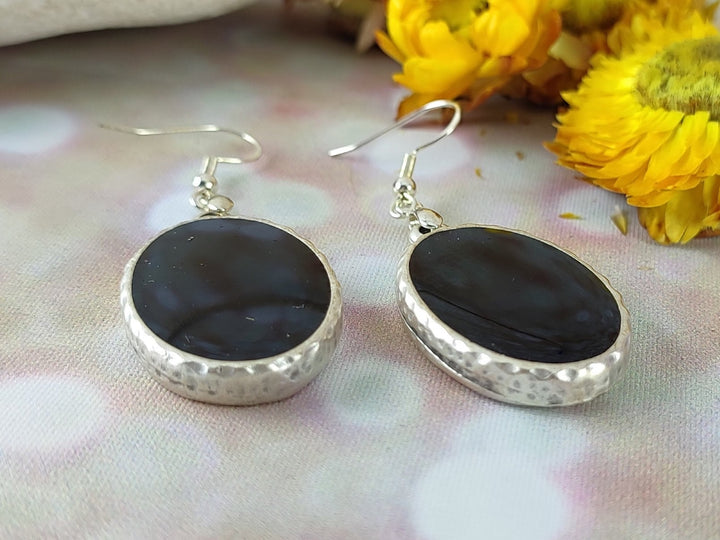 Long black silver earrings, oval black sterling silver earrings, black dangle drop earrings