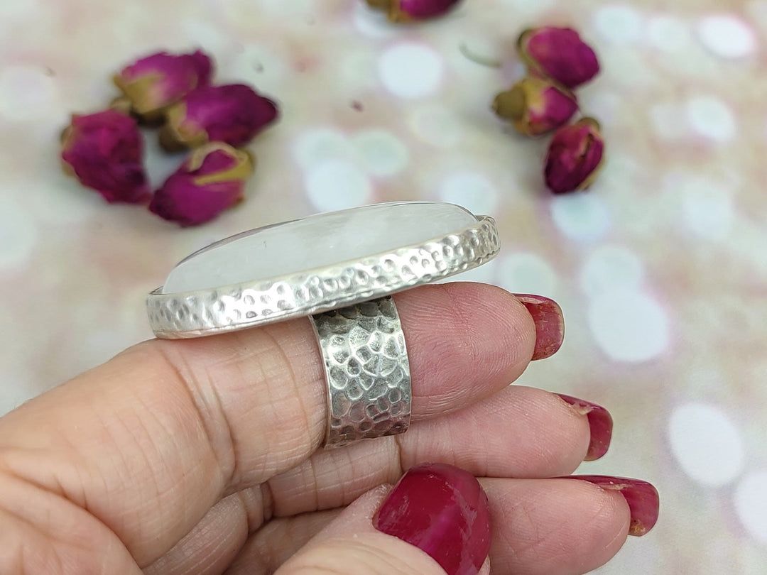 Large white Quartz silver statement ring, oval large white crystal ring, adjustable large gemstone ring
