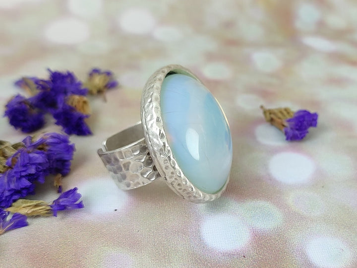 Moonstone Opalite large round stone antique silver adjustable ring, oversized silver ring, large gemstone ring