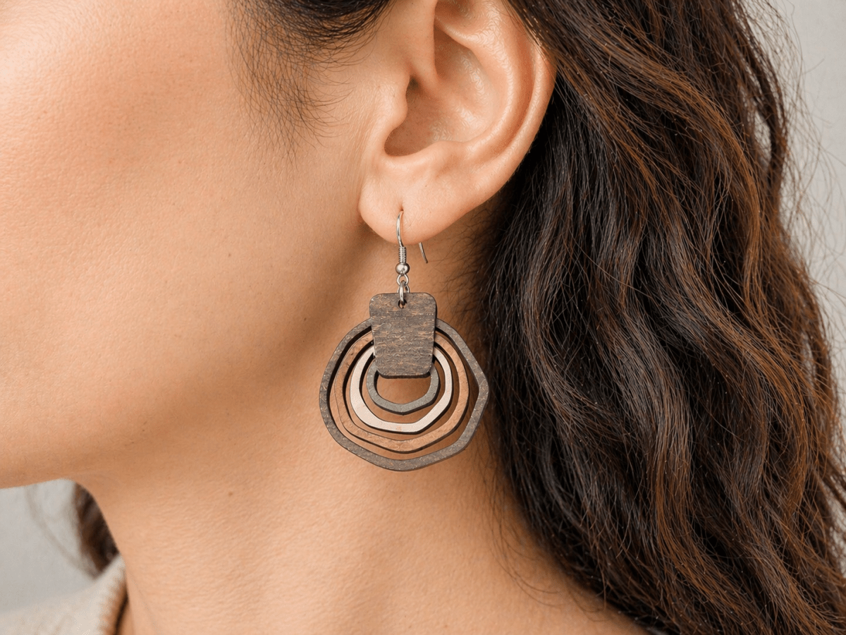 Kassidy wooden drop geometric earrings being worn by a model  - Corky & Stoner Main image
