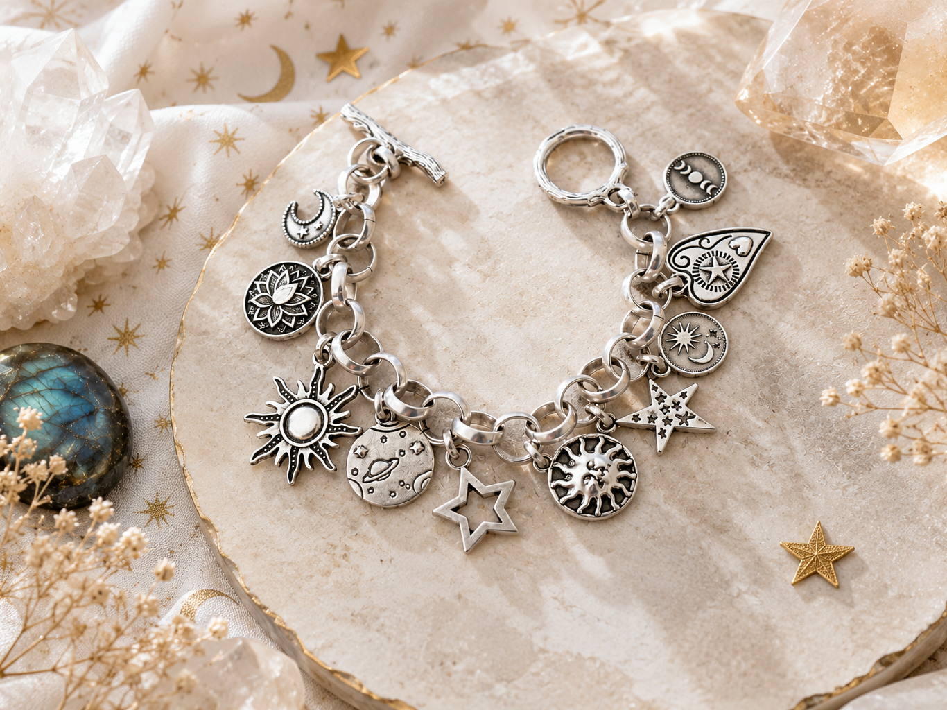 Silver charm bracelet on a textured surface with decorative elements Main image