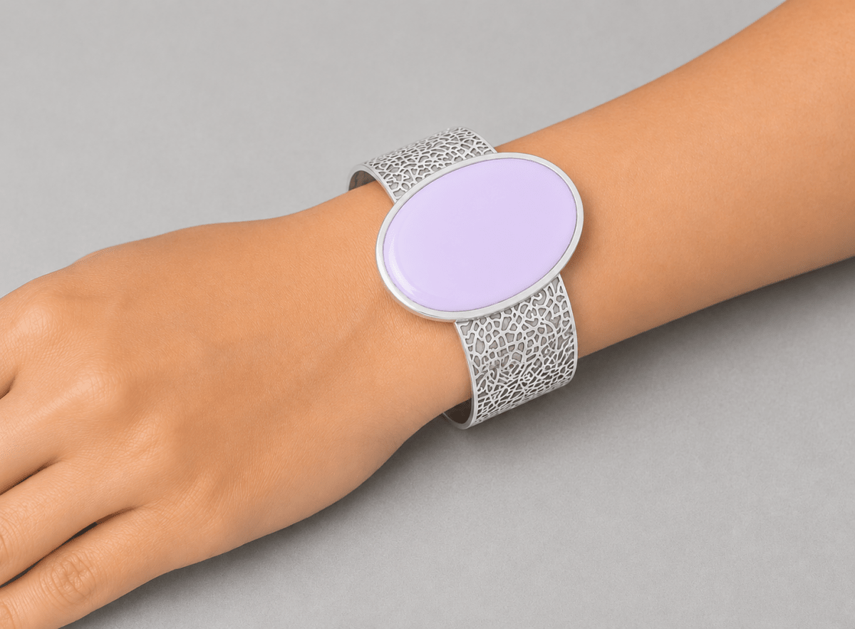 Chunky Lilac Oval Statement Cuff Bracelet worn on a models wrist