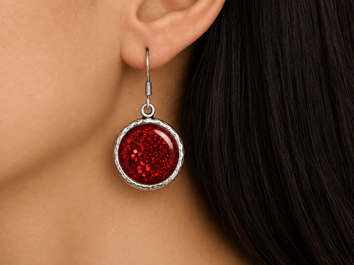 Red Glitter Round Hypoallergenic Statement Earrings "Alaia" - Corky & Stoner Main image