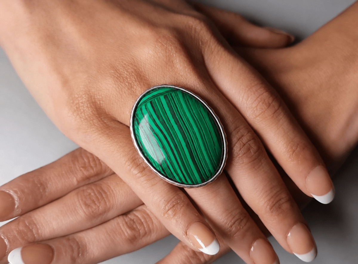 Adjustable Oversized Green Malachite Ring "Forest" - Corky & Stoner
