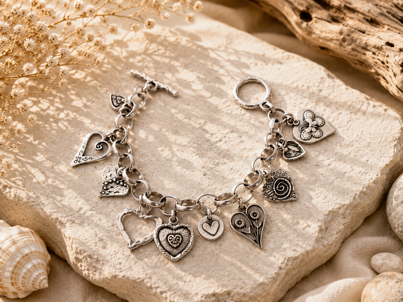 Silver charm bracelet with heart-shaped charms on a stone surface with seashells and driftwood. Main image