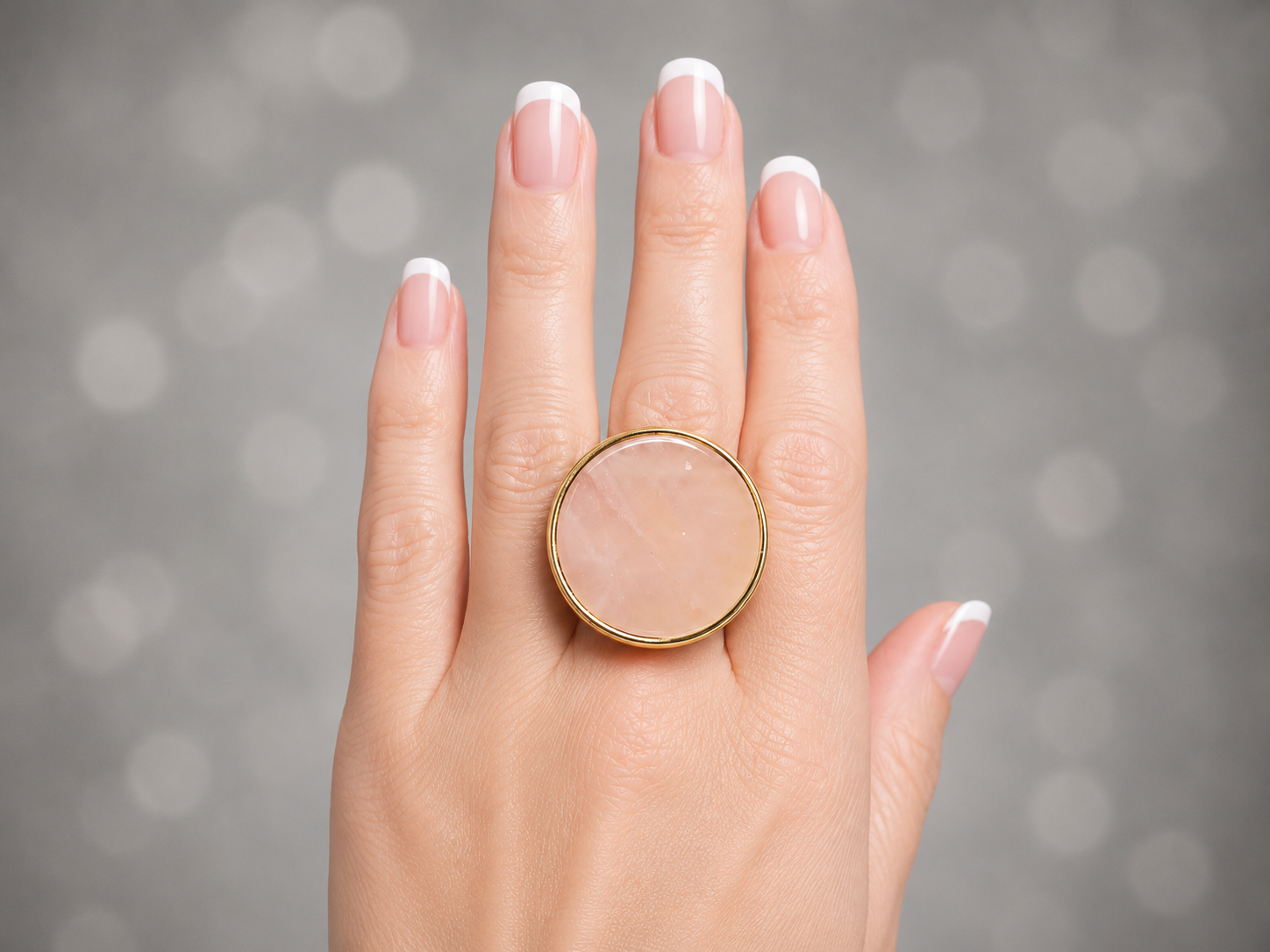 A gold ring with a round, pale pink stone, worn on a hand with a French manicure against a soft gray bokeh background.