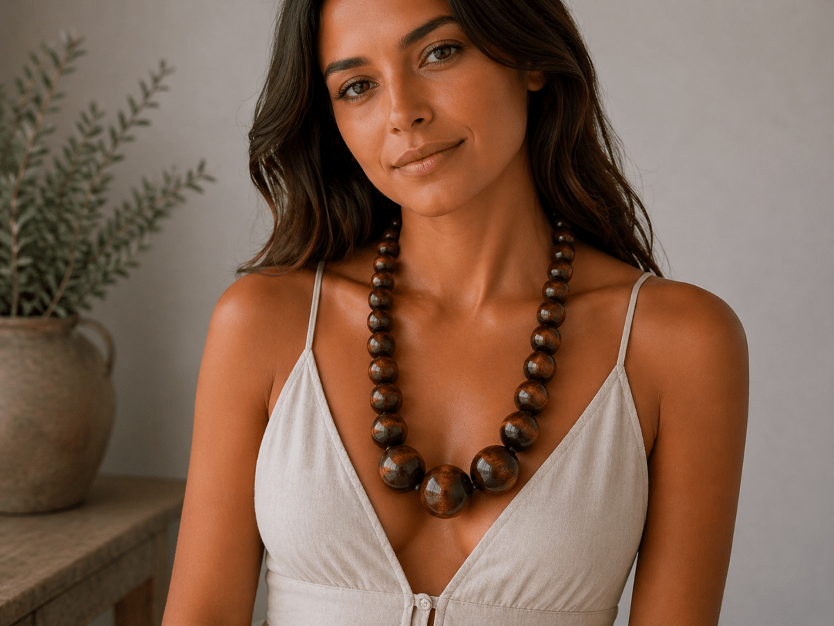 A model in a white dress wearing a chunky brown wooden necklace Main image