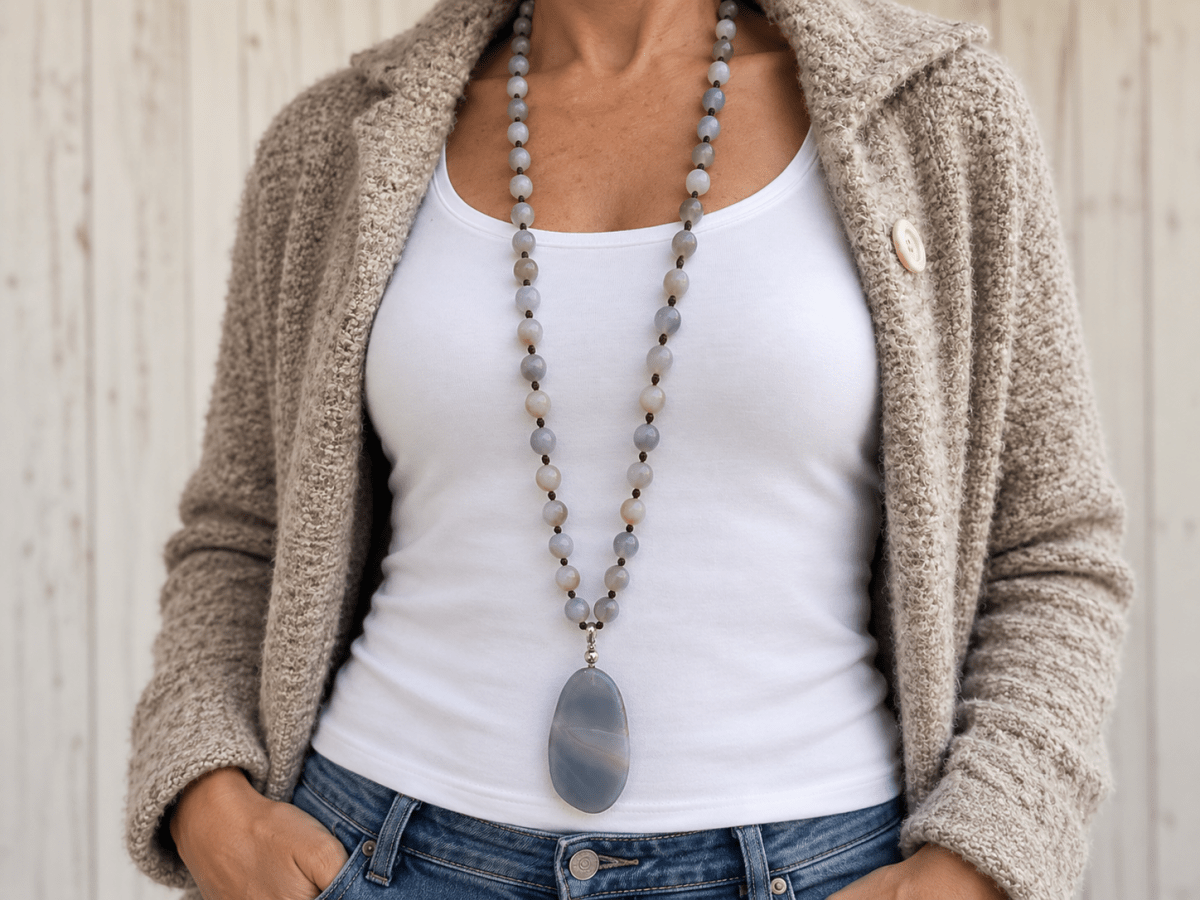 Long Opera Grey Agate Pendant Necklace "Rivka" - Corky & Stoner Main image