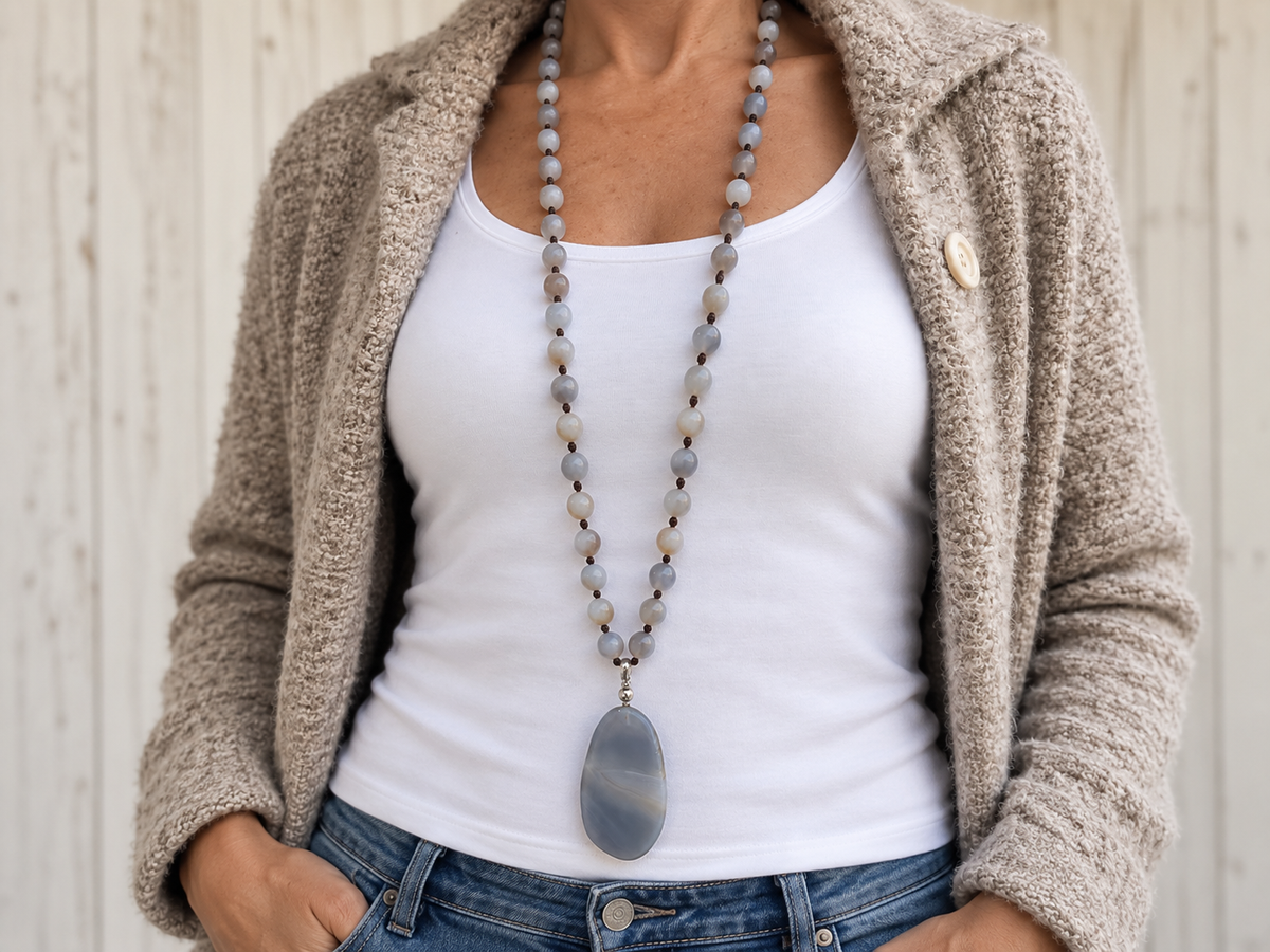 Long Opera Grey Agate Pendant Necklace "Rivka"