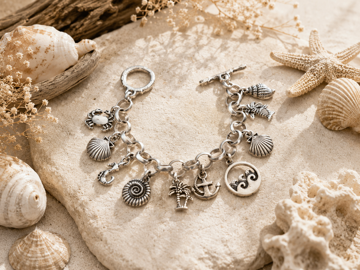 A silver bracelet with beach inspired charms on a rock with seashells surrounding it Main image