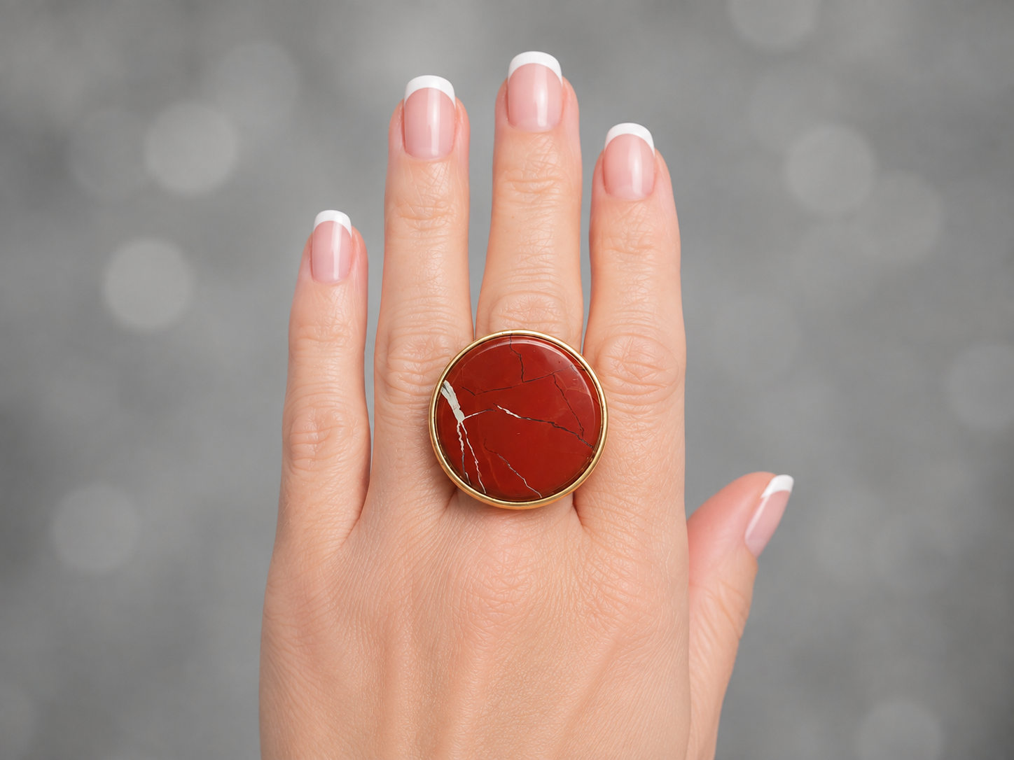 A close-up of a hand with a French manicure wearing a large round ring with a red stone and gold bezel, set against a soft gray bokeh background.