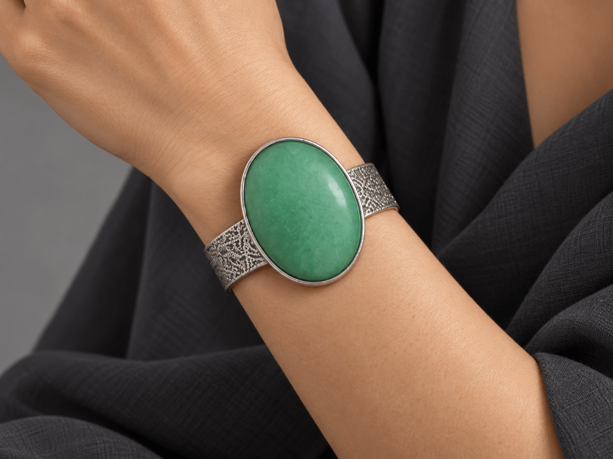 Oversized Green Gemstone Silver Cuff Bracelet "Fresh" - Corky & Stoner Main image