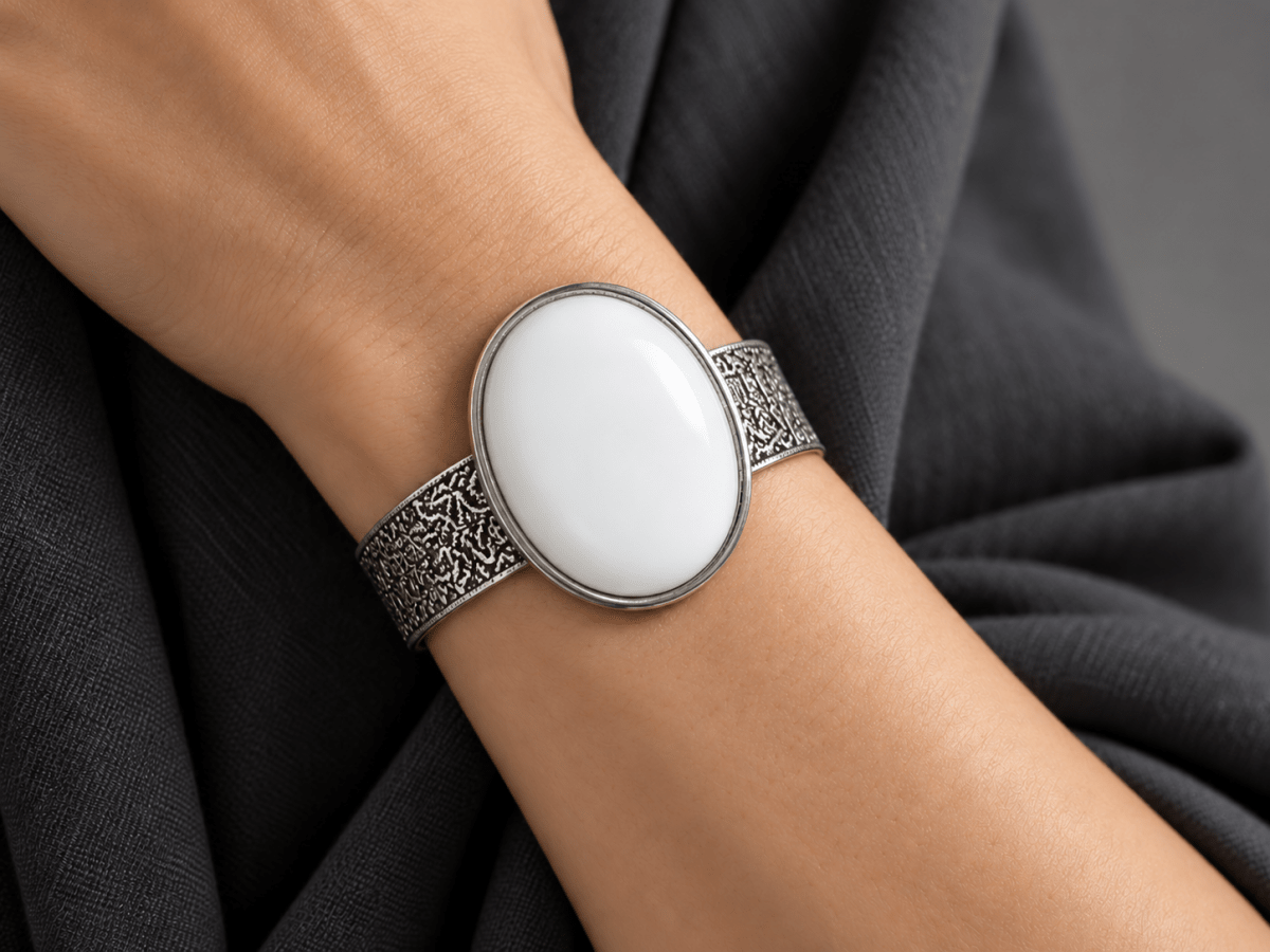 White Stone Statement Silver Cuff Bracelet "Simple" - Corky & Stoner