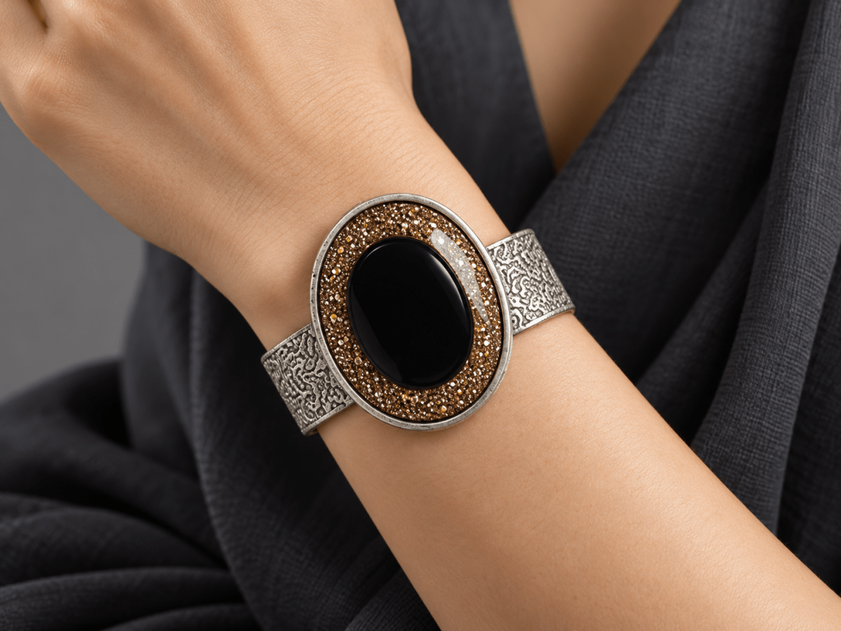 Gold Black Statement Cuff Bracelet "Casino" - Corky & Stoner Main image