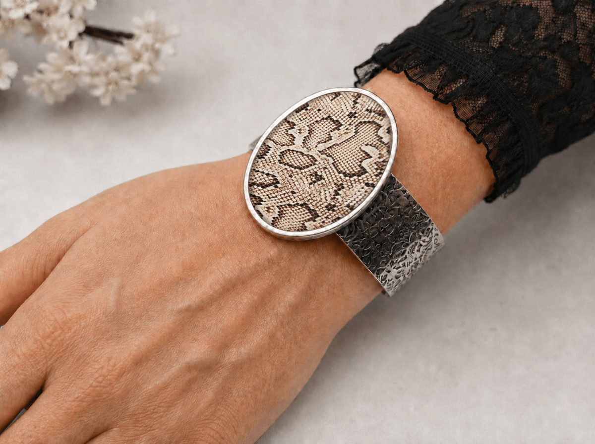 Handmade Snakeskin Cuff Bracelet "Josie" - Corky & Stoner Main image