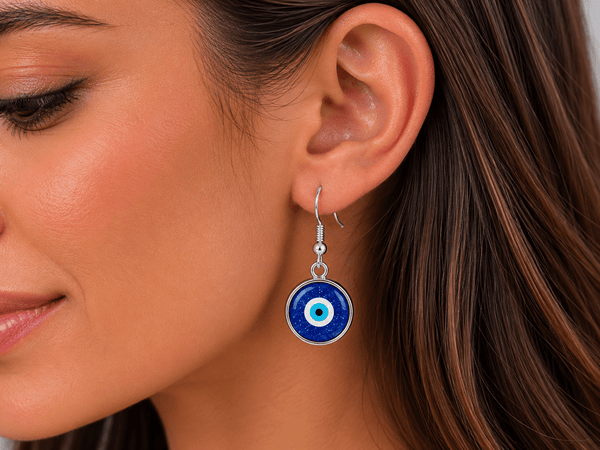 A model wearing a pair of Evil Eye earrings
