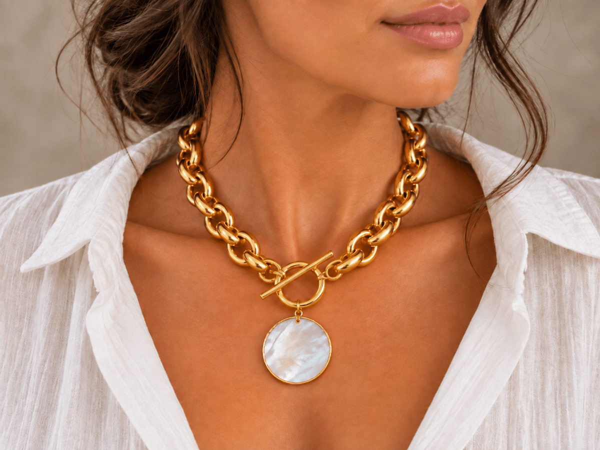 Gold Mother of Pearl Chunky Fashion Necklace "Jayda" - Corky & Stoner Main image