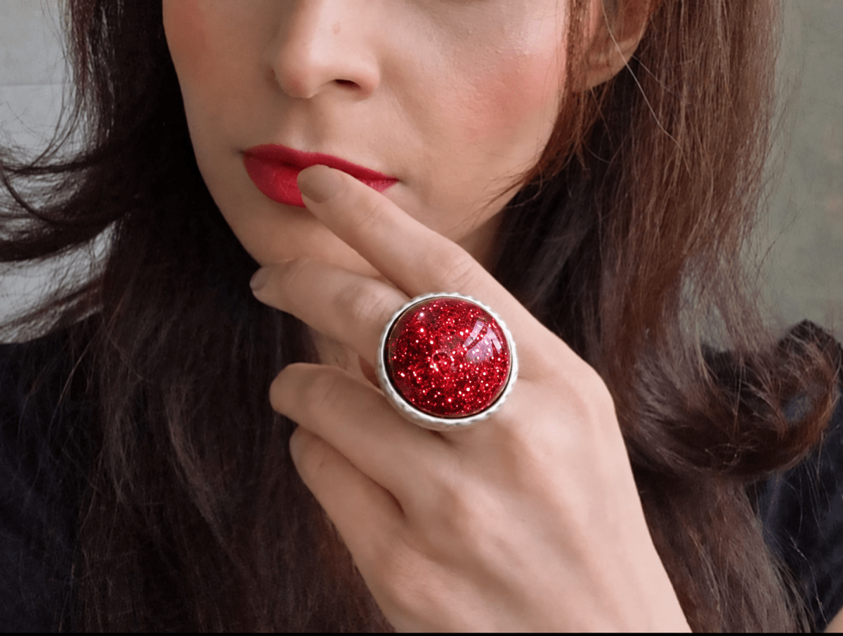 Adjustable Red Glitter Cocktail Ring "Imp" - Corky & Stoner