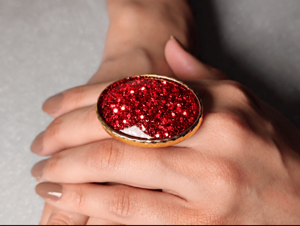 Adjustable Bold Red Glitter Ring "Moet" - Corky & Stoner Main image