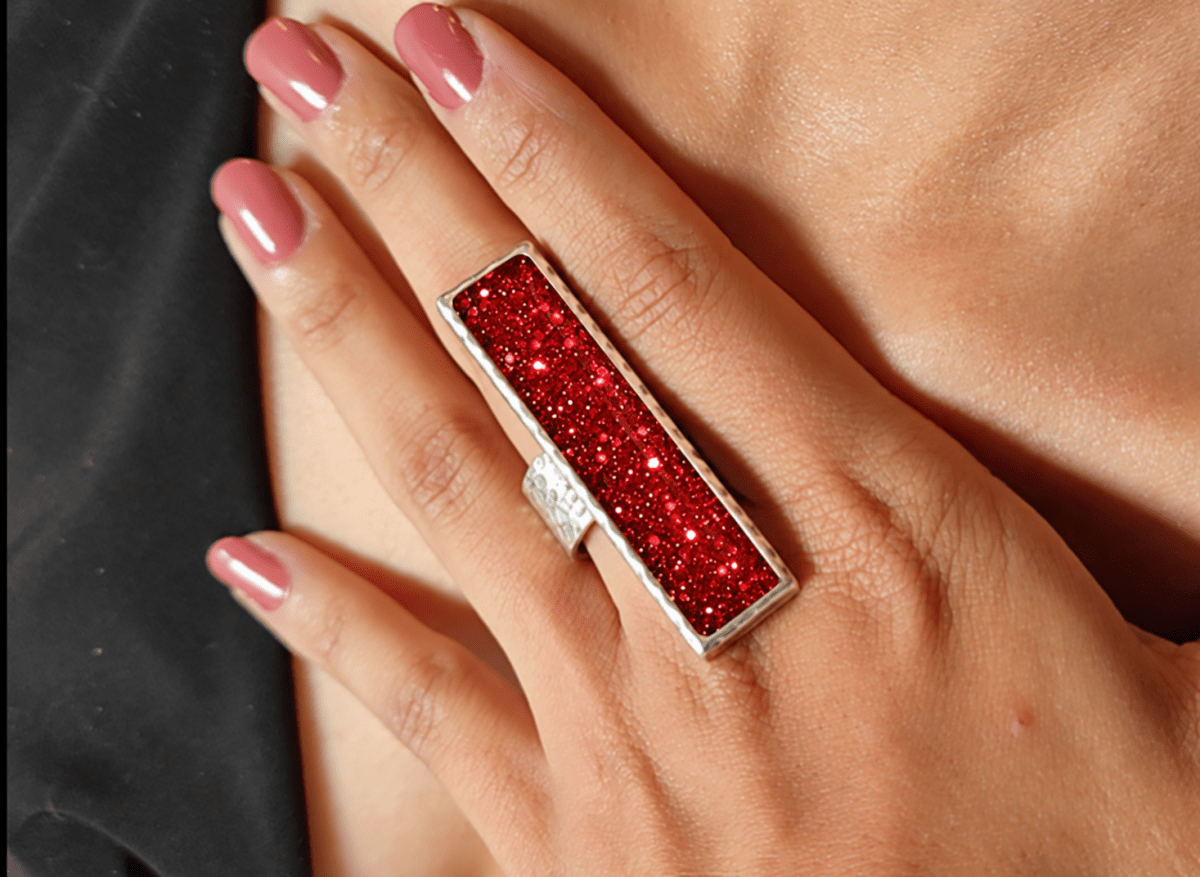 Adjustable Oversized Red Glitter Ring "Posy" - Corky & Stoner Main image
