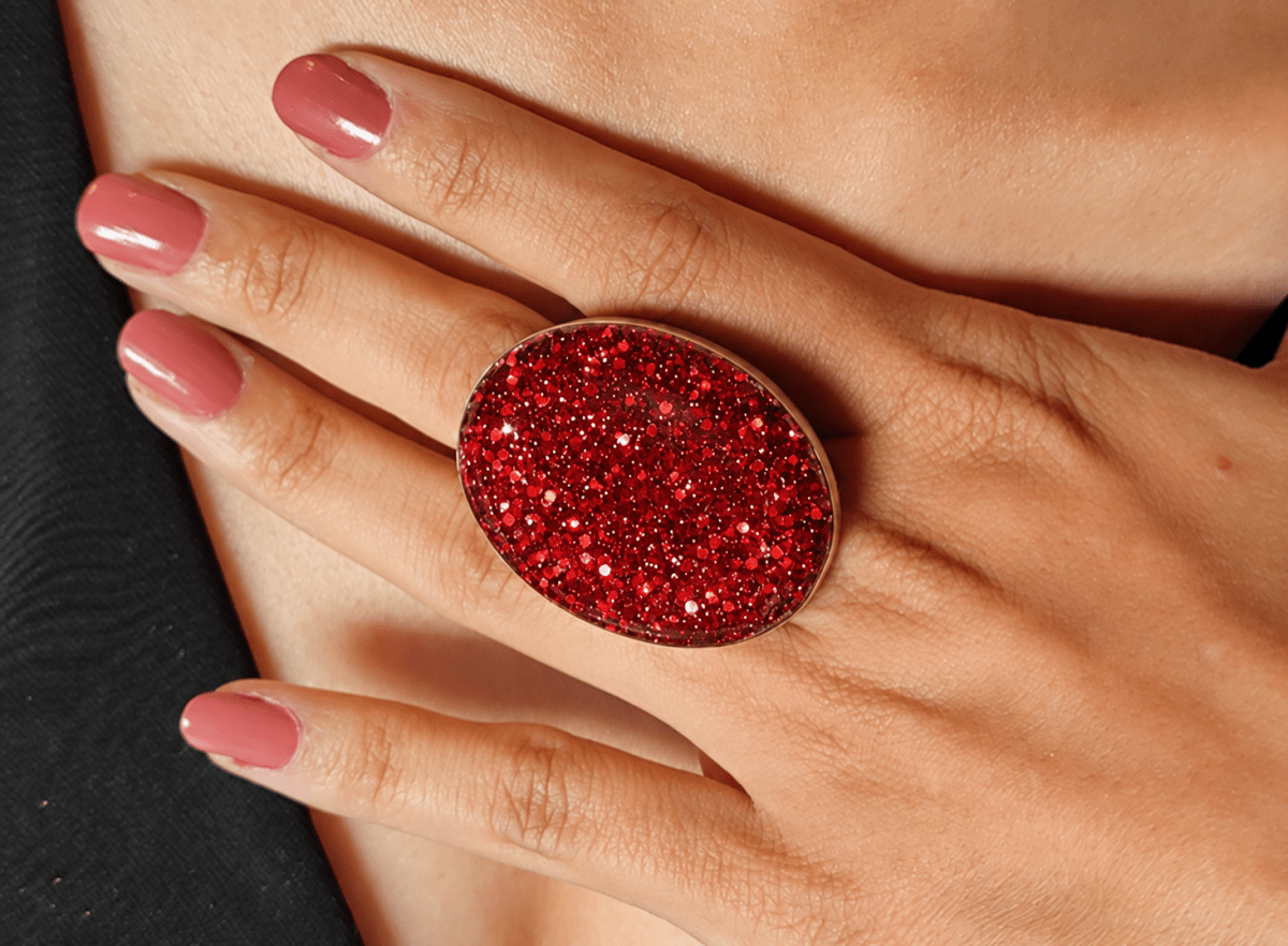 Chunky Red Glitter Oval Ring "Shiraz" - Corky & Stoner