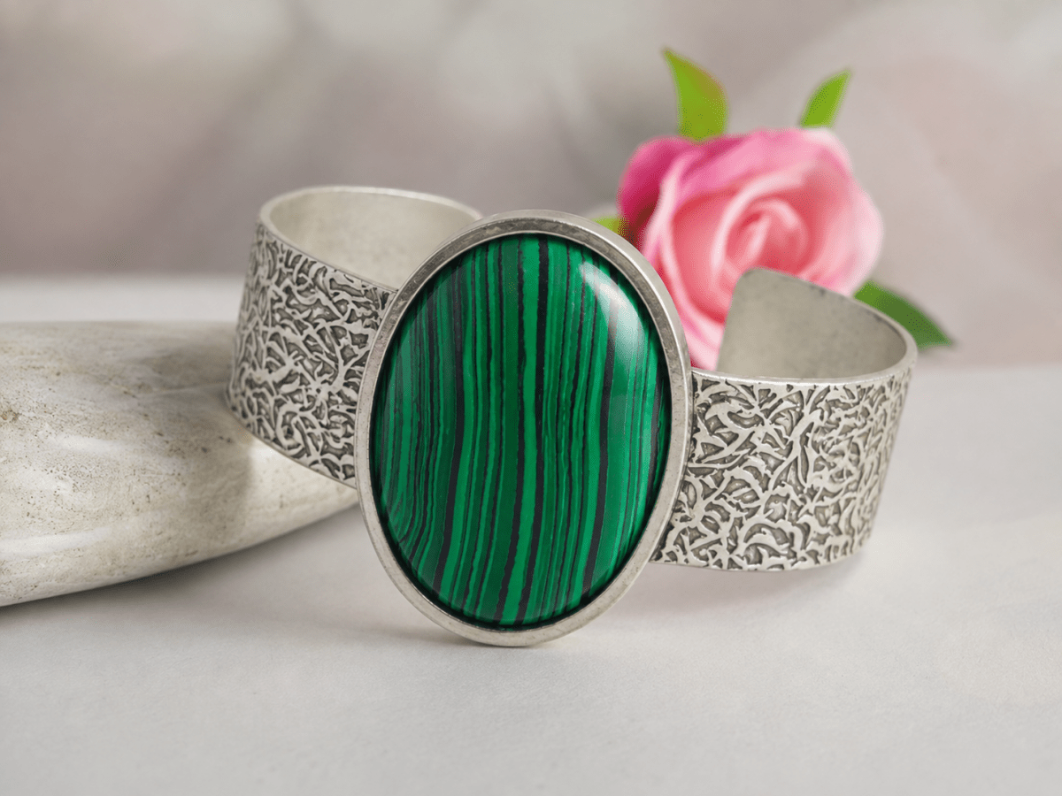 Bohemian Green Malachite Cuff Bracelet "Everglade" - Corky & Stoner