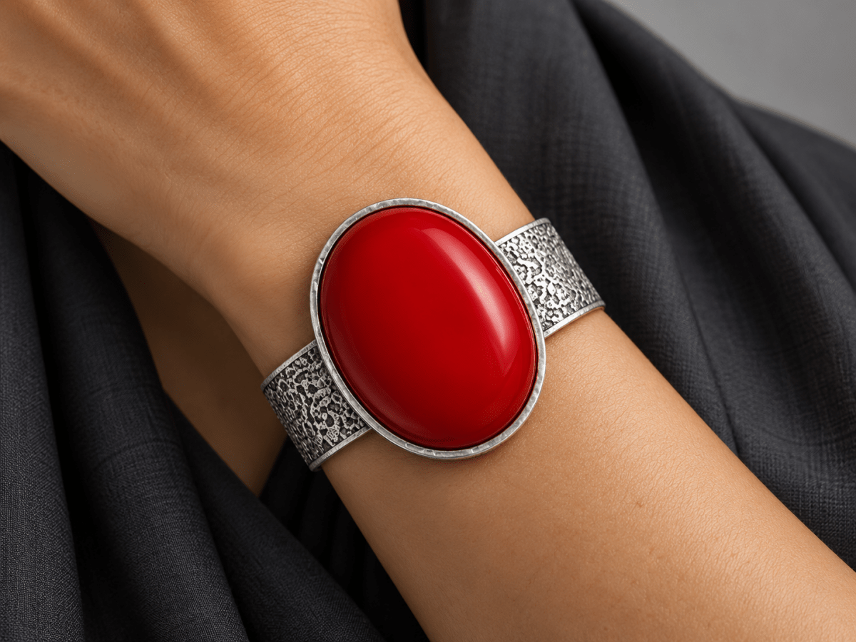 Handmade Chunky Red Jade Silver Cuff "Minn" - Corky & Stoner Main image