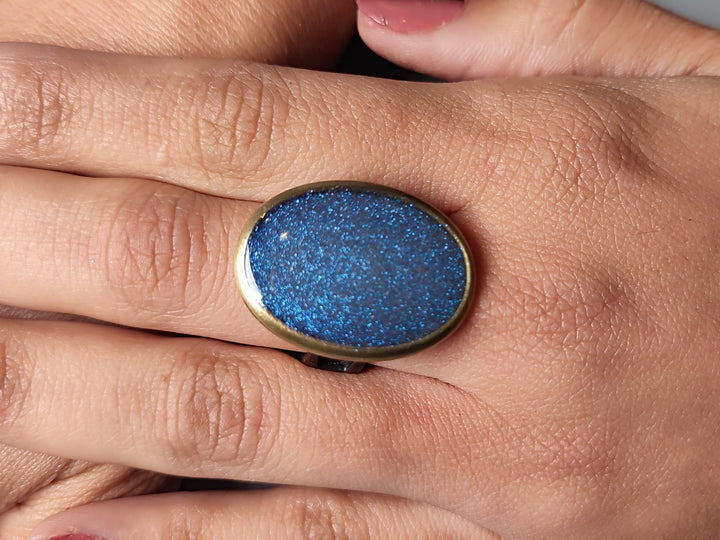 Blue glitter ring. Bronze ring. Blue cocktail statement dress ring