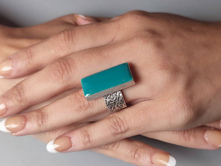 Teal ring. Cocktail statement ring with an adjustable band in antique silver