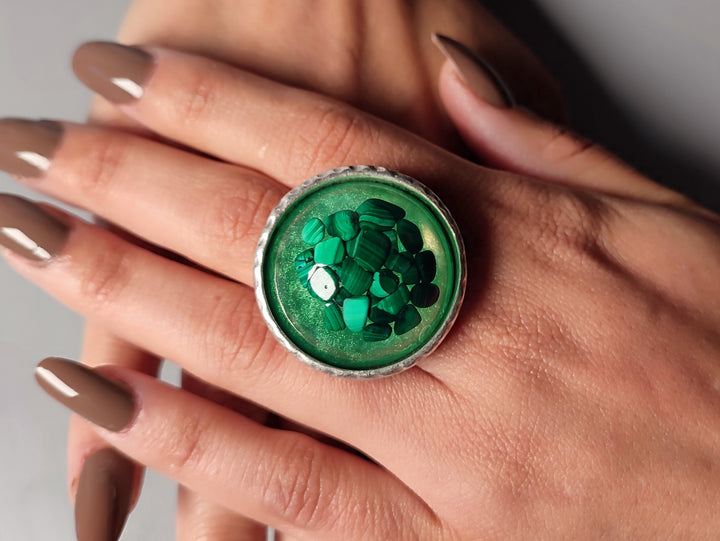 Lichen Malachite gemstone cocktail ring