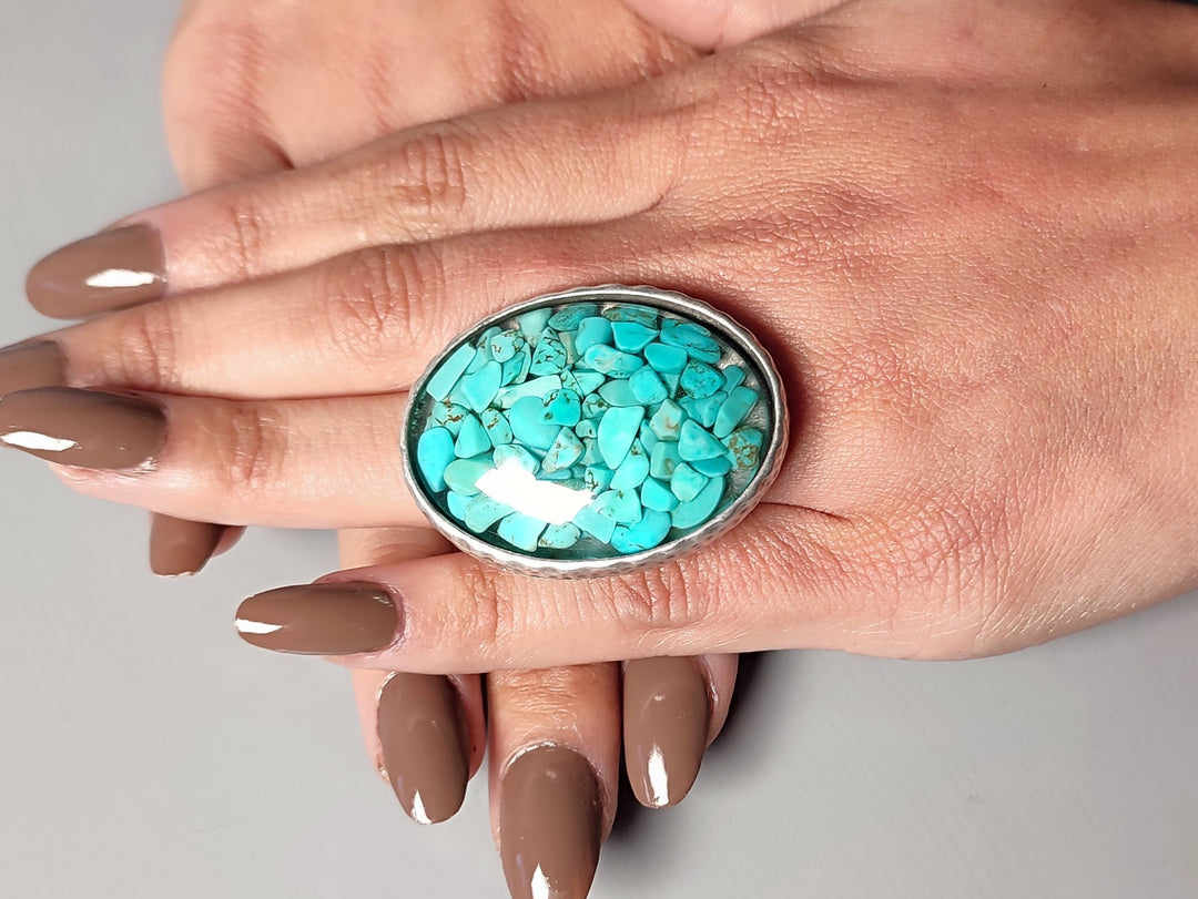 Turquoise ring. Large statement ring. Boho ring. Howlite adjustable handmade ring