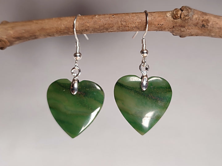 African Jade heart shaped earrings. Green Jade dangle drop petite silver handmade earrings